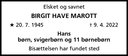 Dødsannoncen for Birgit Have Marott - Hvidovre
