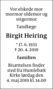 Dødsannoncen for Birgit Heiring - Humlebæk