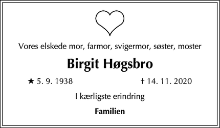 Dødsannoncen for Birgit Høgsbro  - Klemensker