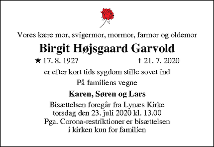 Dødsannoncen for Birgit Højsgaard Garvold - Hundested