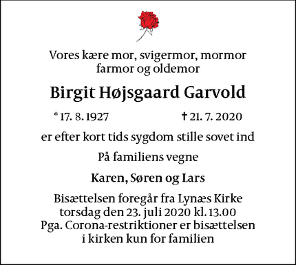 Dødsannoncen for Birgit Højsgaard Garvold - Hundested