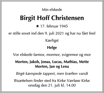 Dødsannoncen for Birgit Hoff Christensen - Værløse