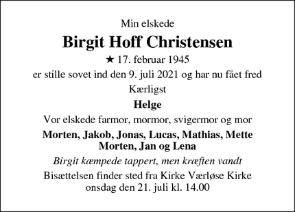 Dødsannoncen for Birgit Hoff Christensen - Værløse