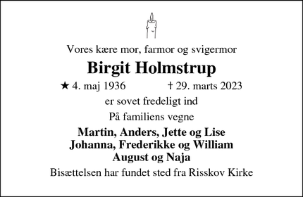 Dødsannoncen for Birgit Holmstrup - Bagsværd