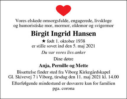 Dødsannoncen for Birgit Ingrid Hansen - Kirkevej 9p, 2920 Charlottenlund
