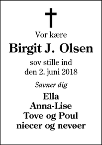 Dødsannoncen for Birgit J. Olsen - Tønder