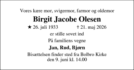Dødsannoncen for Birgit Jacobe Olesen - Odense