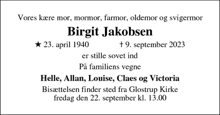 Dødsannoncen for Birgit Jakobsen - Glostrup