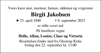 Dødsannoncen for Birgit Jakobsen - Glostrup