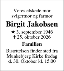 Dødsannoncen for Birgit Jakobsen - Odense