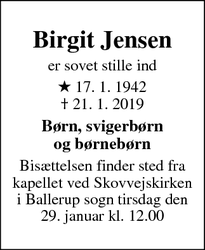 Dødsannoncen for Birgit Jensen  - Ballerup