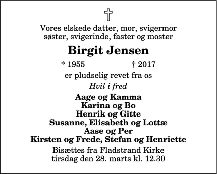 Dødsannoncen for Birgit Jensen - Frederikshavn