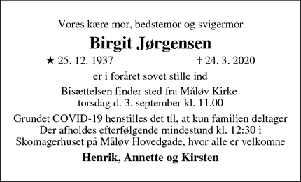 Dødsannoncen for Birgit Jørgensen - København Ø