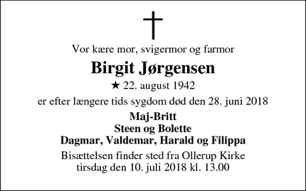 Dødsannoncen for Birgit Jørgensen - Ollerup