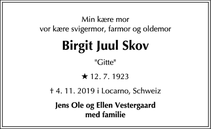 Dødsannoncen for Birgit Juul Skov - Locarno, Schweiz