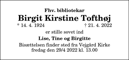 Dødsannoncen for Birgit Kirstine Tofthøj - Sankt Knuds Gade 39, 5000 Odense C