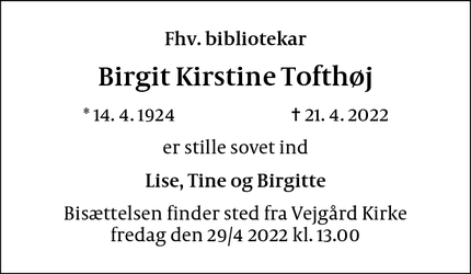 Dødsannoncen for Birgit Kirstine Tofthøj - Sankt Knuds Gade 39, 5000 Odense C