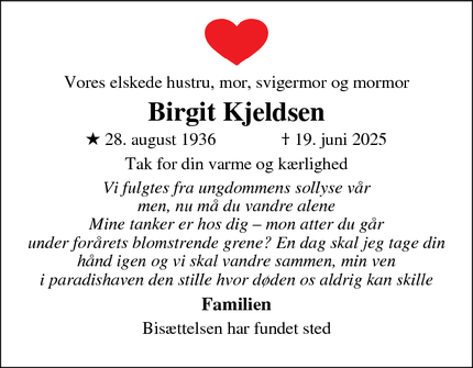 Dødsannoncen for Birgit Kjeldsen - Greve