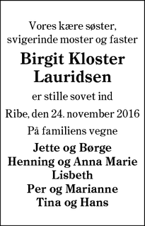 Dødsannoncen for Birgit Kloster Lauridsen - Ribe