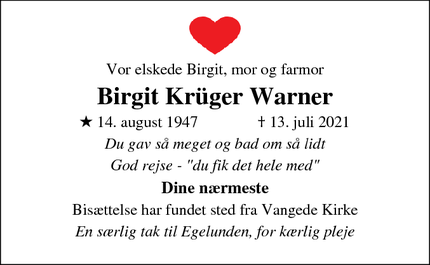 Dødsannoncen for Birgit Krüger Warner - Gentofte