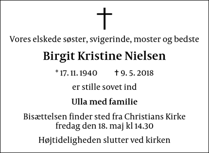 Dødsannoncen for Birgit Kristine Nielsen - København