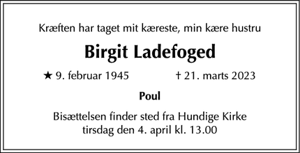 Dødsannoncen for Birgit Ladefoged - Greve