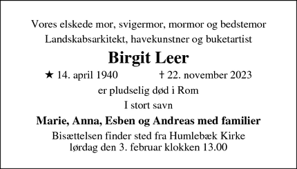 Dødsannoncen for Birgit Leer - Kvistgaard