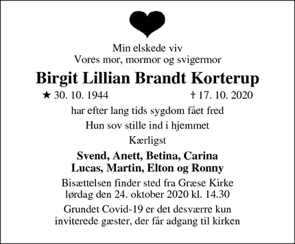 Dødsannoncen for Birgit Lillian Brandt Korterup - Frederikssund