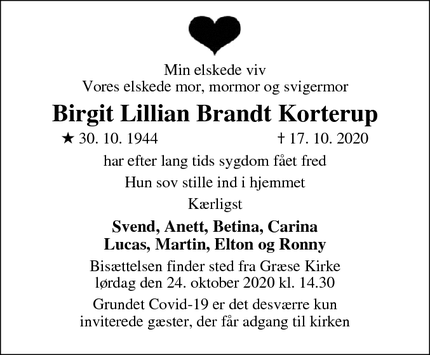 Dødsannoncen for Birgit Lillian Brandt Korterup - Frederikssund