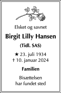 Dødsannoncen for Birgit Lilly Hansen - Kastrup