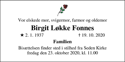 Dødsannoncen for Birgit Løkke Fonnes - Odense