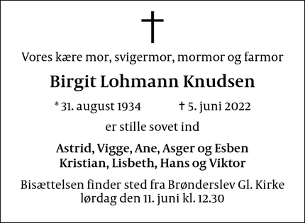 Dødsannoncen for Birgit Lohmann Knudsen - Brønderslev