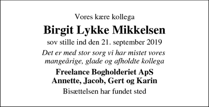 Dødsannoncen for Birgit Lykke Mikkelsen - Harlev