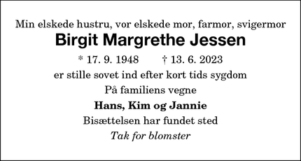 Dødsannoncen for Birgit Margrethe Jessen - Nørre Alslev