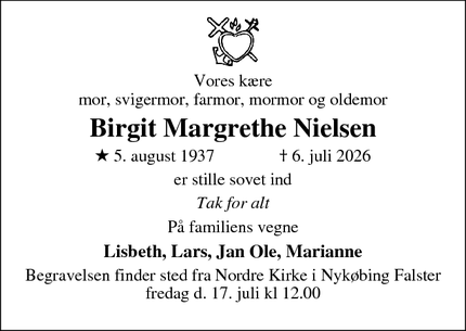 Dødsannoncen for Birgit Margrethe Nielsen - Nykøbing F