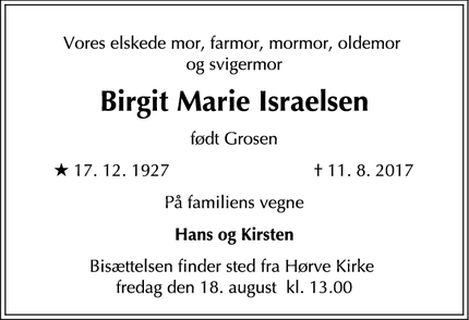 Dødsannoncen for Birgit Marie Israelsen - Hørve