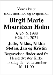 Dødsannoncen for Birgit Marie
Mouritzen Holm - Albertslund