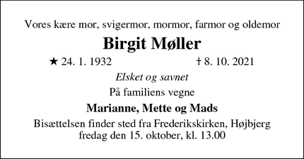 Dødsannoncen for Birgit Møller - Aarhus