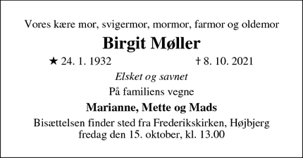 Dødsannoncen for Birgit Møller - Aarhus