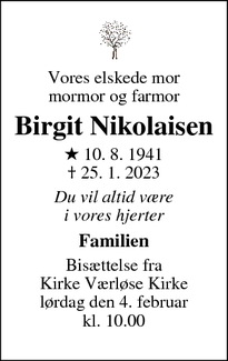 Dødsannoncen for Birgit Nikolaisen - West Vancouver