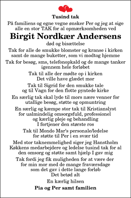 Dødsannoncen for Birgit Nordkær Andersens - Sennels 