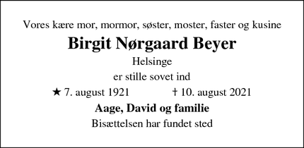 Dødsannoncen for Birgit Nørgaard Beyer - Helsinge
