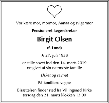 Dødsannoncen for Birgit Olsen - Dronningmølle