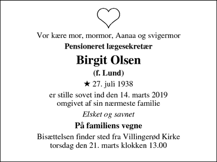 Dødsannoncen for Birgit Olsen - Dronningmølle
