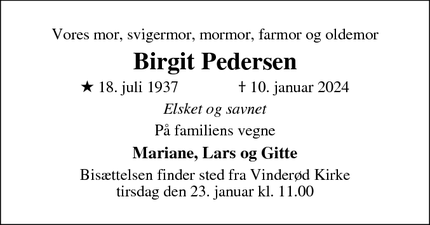 Dødsannoncen for Birgit Pedersen - Frederiksværk