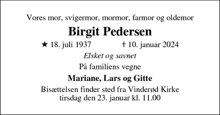 Dødsannoncen for Birgit Pedersen - Frederiksværk