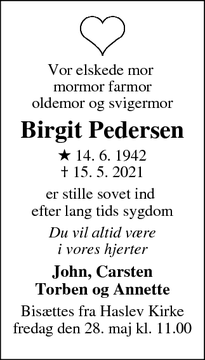 Dødsannoncen for Birgit Pedersen - Haslev
