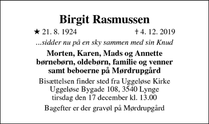 Dødsannoncen for Birgit Rasmussen - Lynge