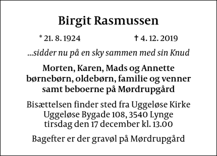 Dødsannoncen for Birgit Rasmussen - Lynge