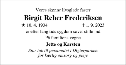 Dødsannoncen for Birgit Reher Frederiksen - Grenå